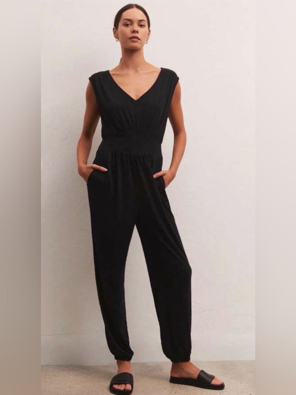 Z Supply Indy Knit V-Neck Cap-Sleeve Jumpsuit Black Small Coastal Relaxed NWT